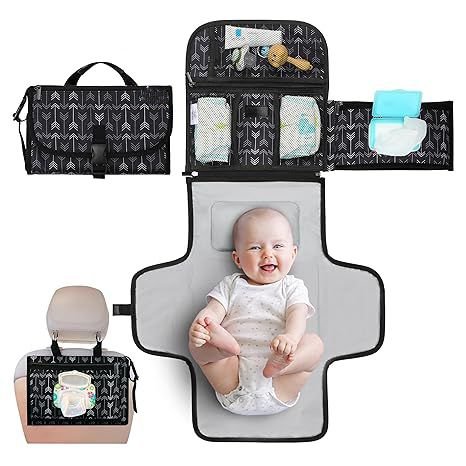 Portable Diaper Changing Pad – Travel Mat with Wipes Pocket & Smart Design (Black Arrows)